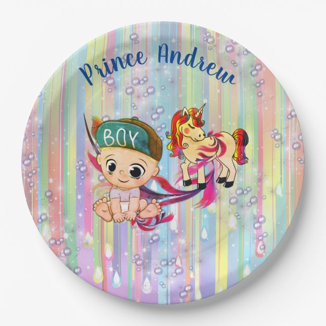 Baby Boy Regenbogen Bubbles & Unicorns Kinderdusch Pappteller (Vorderseite)
