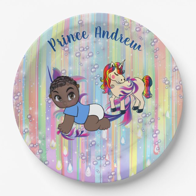 Baby Boy Regenbogen Bubbles & Unicorns Kinderdusch Pappteller (Vorderseite)