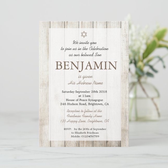 Baby Boy Rustic Namemony Zeremony Hebrew Juden Einladung (Stehend Vorderseite)