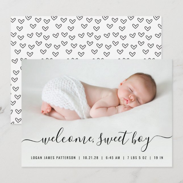 Baby Boy Script Herz Foto Geburtserklärung Ankündigung (Vorne/Hinten)