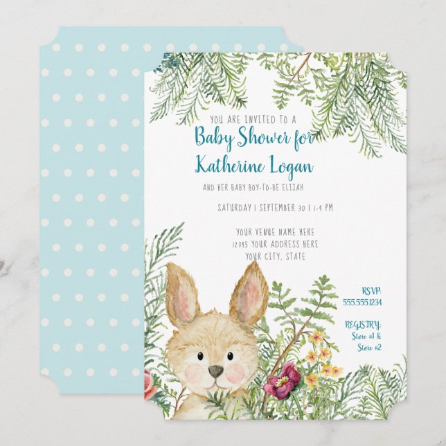 Baby Boy Showdusche Woodland Tierhasen Fern Einladung (Vorne/Hinten)
