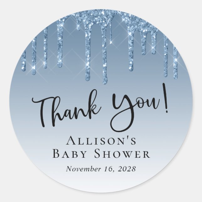 Baby Boy Shower Blue Glitzer Vielen Dank Runder Aufkleber (Vorderseite)
