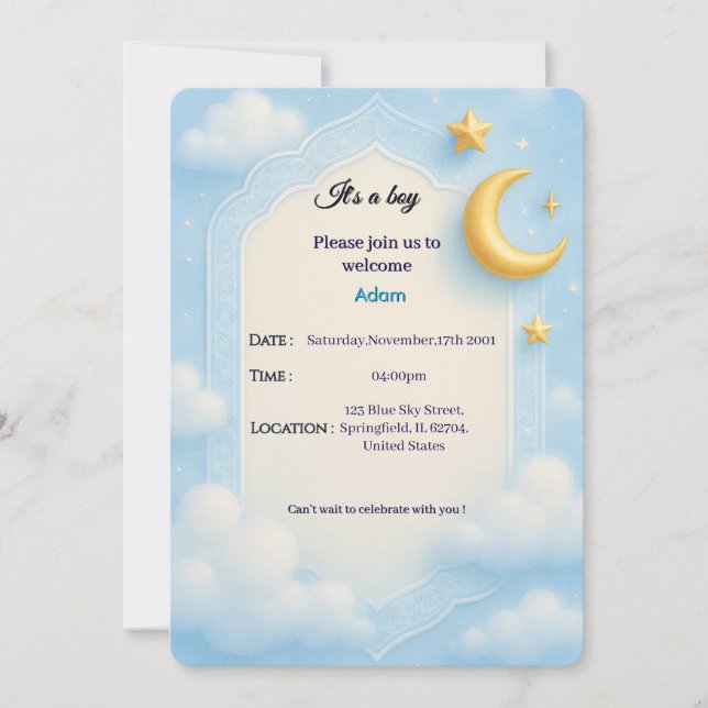 Baby Boy Shower Einladung - Blue Elegante Design (Vorderseite)