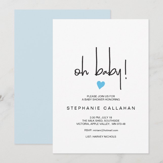 Baby Boy Shower Invitation Blue Heart Motif (Devant / Derrière)