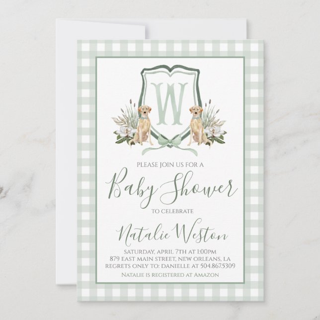 Baby Boy Shower Preppy Dog Southern Green Gingham Einladung (Vorderseite)