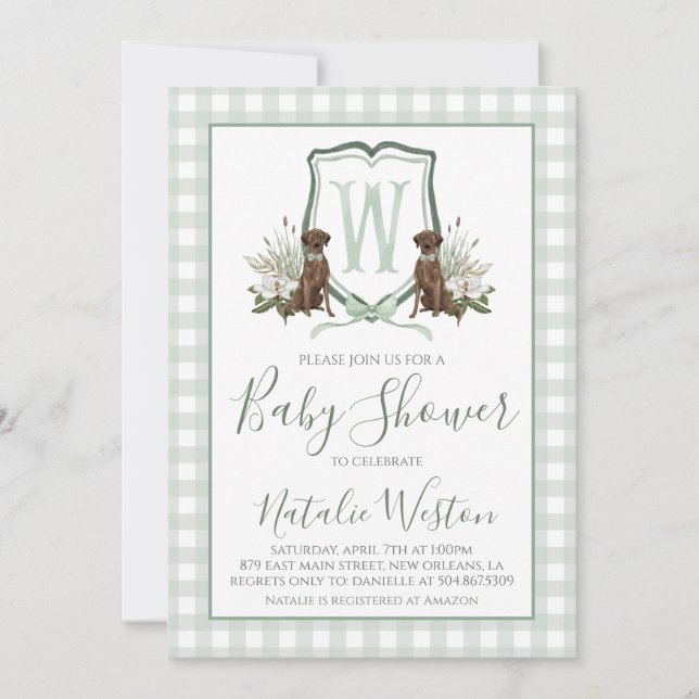 Baby Boy Shower Preppy Dog Southern Green Gingham Einladung (Vorderseite)