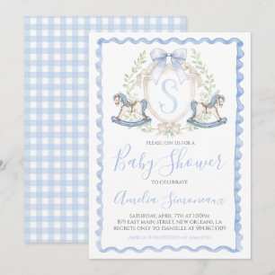 Baby Boy Shower Rocking Pferd Preppy Gingham Blue Einladung