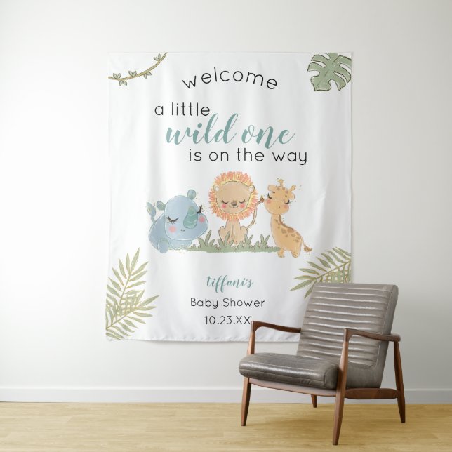 Baby Boy Shower Safari Tiere Hintergrundzeichen Wandteppich (Beispiel)
