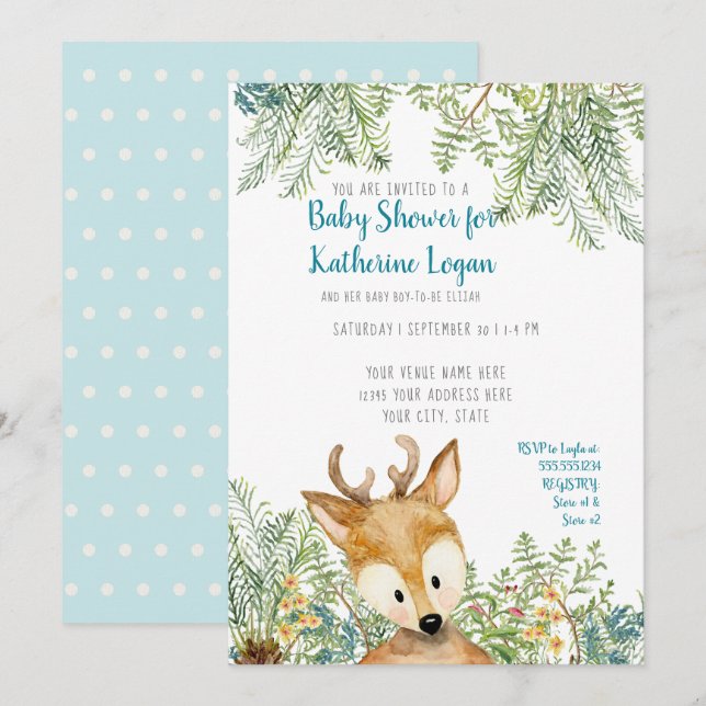 Baby Boy Shower Woodland Forest Deer Forest Ferns Einladung (Vorne/Hinten)