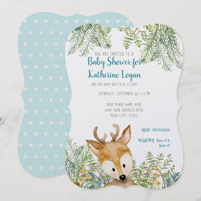 Baby Boy Shower Woodland Tiere Hirschwald Ferns Einladung (Vorne/Hinten)