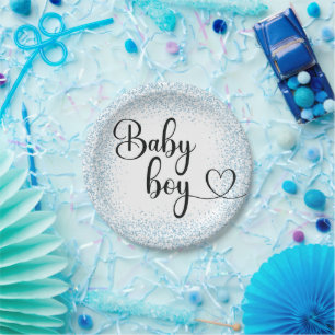 Baby Boy Skript hellblau Glitzer Paper Plate Pappteller