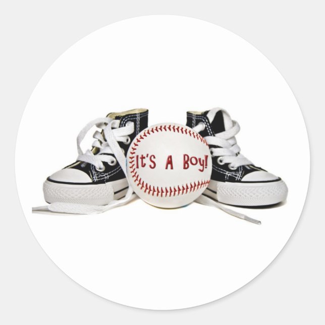 Baby Boy Sneaker and Baseball Ankündigung Runder Aufkleber (Vorderseite)