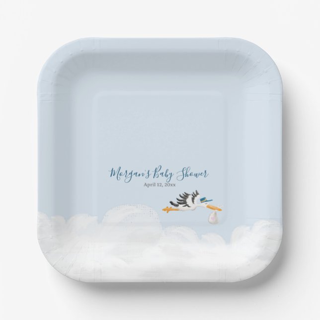 Baby Boy "Special Delivery" Stork Baby Shower Pappteller (Vorderseite)