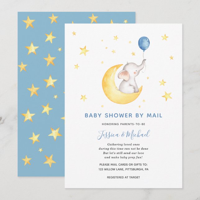 Baby Boy Star Elephant Baby Dusche by Mail Einladung (Vorne/Hinten)