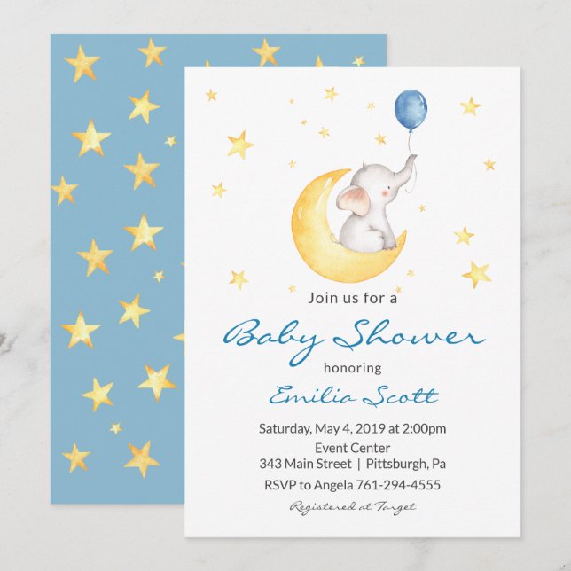 Baby Boy Star Elephant Baby Shower Invitations (Devant / Derrière)
