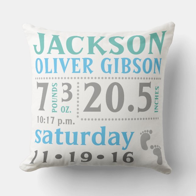 Baby boy Stats Ankündigung Pillow Blue Grey Kissen (Vorderseite)