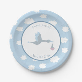 Baby Boy Stork Blue Sky und Wolken Pappteller