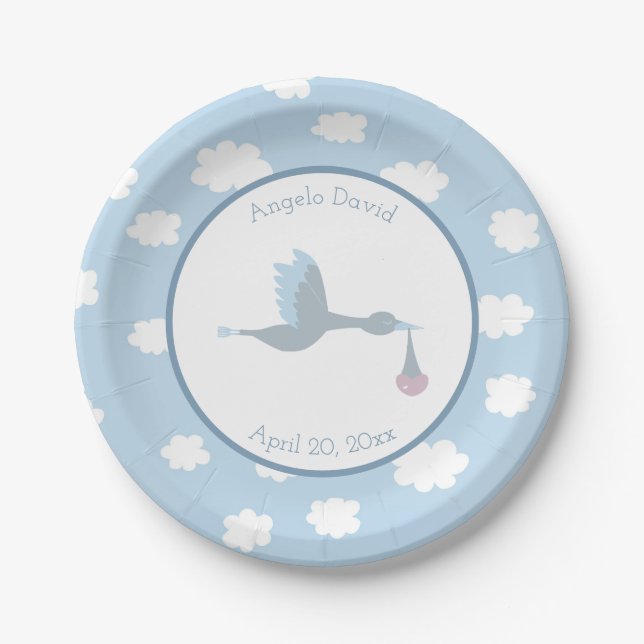 Baby Boy Stork Blue Sky und Wolken Pappteller (Vorderseite)