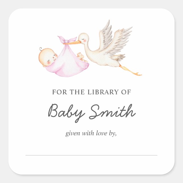 Baby Boy Stork Shower Buchzeichen Quadratischer Aufkleber (Vorderseite)