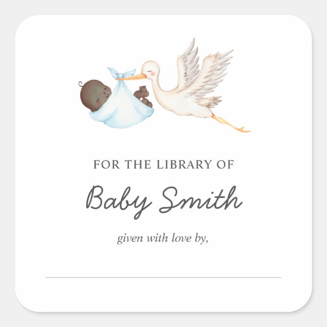 Baby Boy Stork Shower Buchzeichen Quadratischer Aufkleber (Vorderseite)