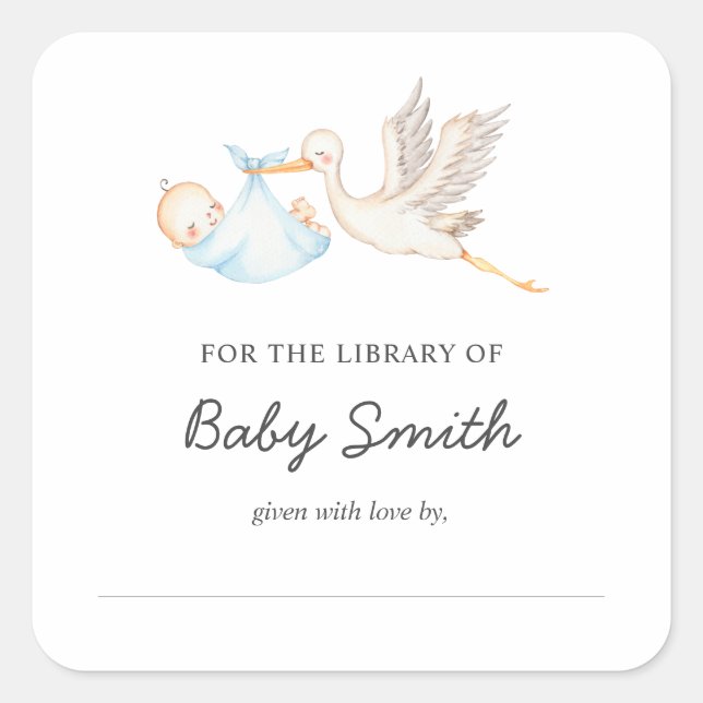 Baby Boy Stork Shower Buchzeichen Quadratischer Aufkleber (Vorderseite)