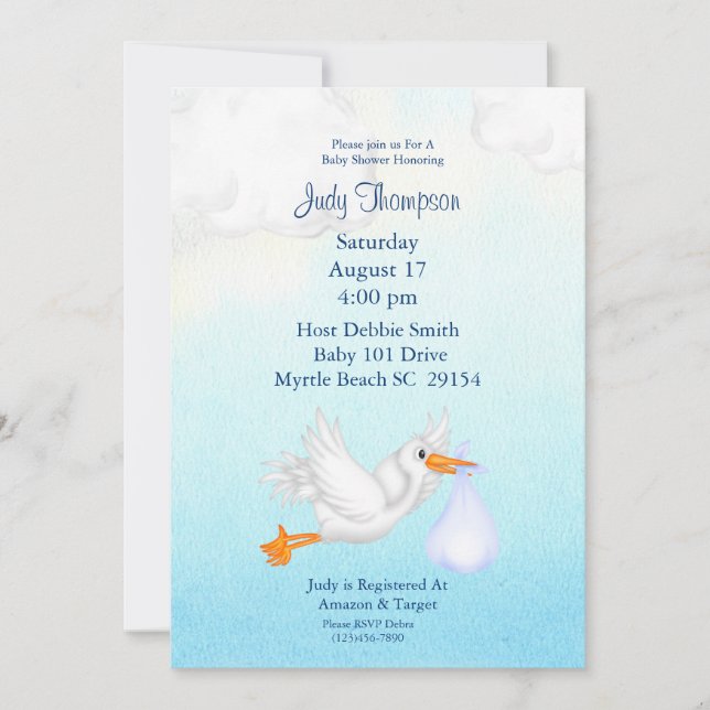 Baby Boy Stork Shower Invitations (Devant)