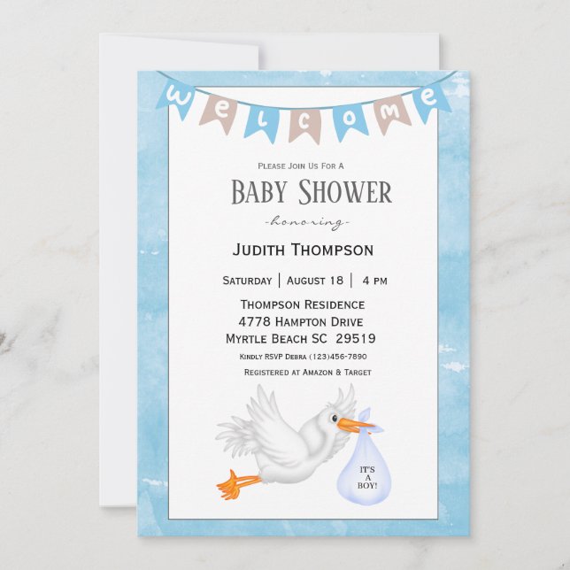 Baby Boy Stork Shower Invitations (Devant)