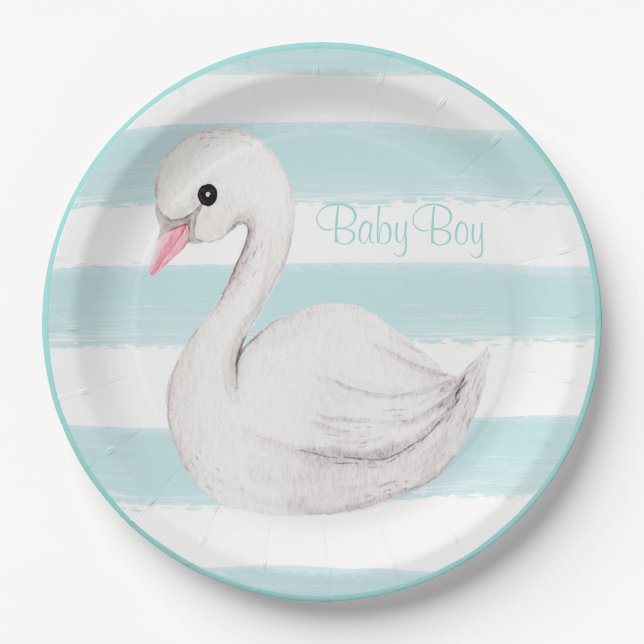Baby Boy Swan Blue Script Baby Dusche Pappteller (Vorderseite)