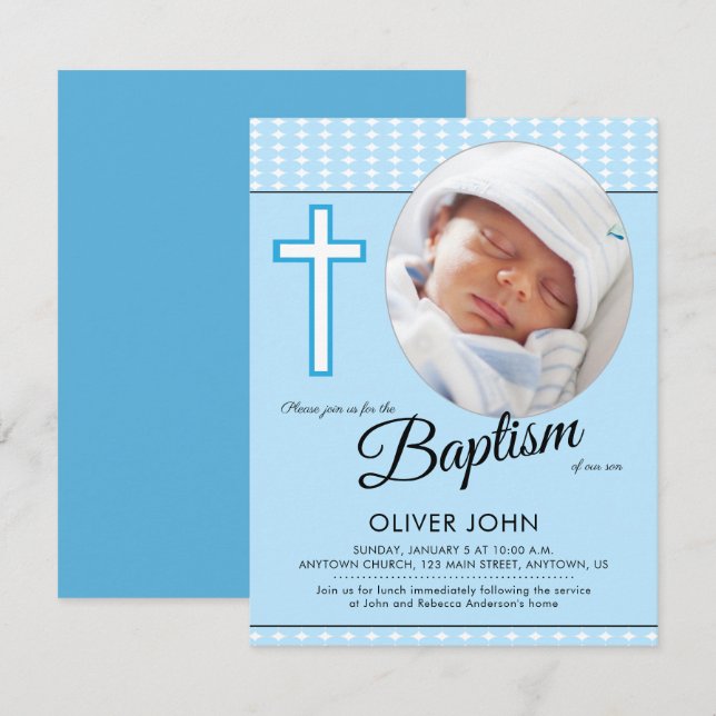 Baby Boy Taufe, Blauer Kreuz Einladung (Vorne/Hinten)