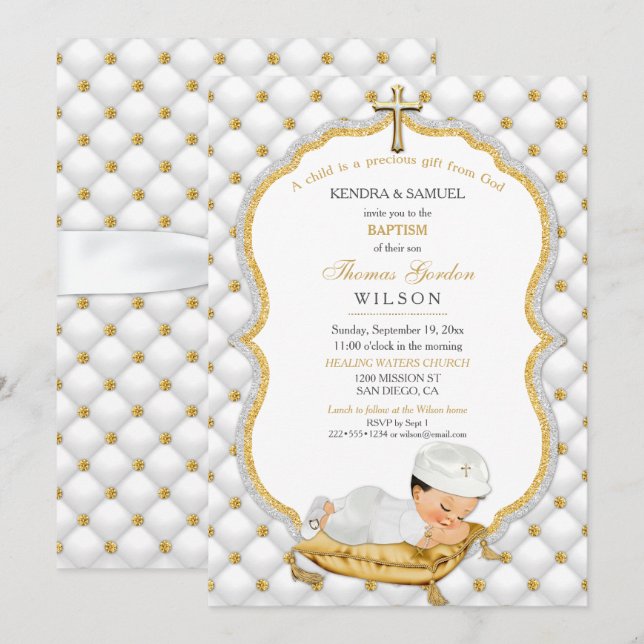 Baby Boy Taufe Christening Gold Cross Einladung (Vorne/Hinten)