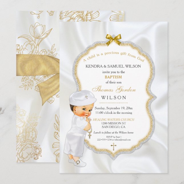 Baby Boy Taufe Christening Gold Cross Einladung (Vorne/Hinten)