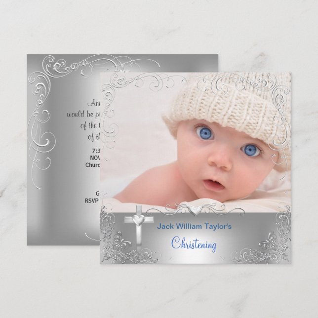 Baby Boy Taufe Christening Silver Cross Einladung (Vorne/Hinten)