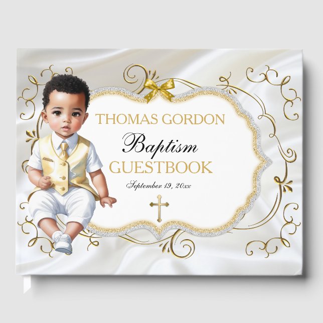 Baby Boy Taufe Christening White & Gold Cross Gästebuch (Vorderseite)
