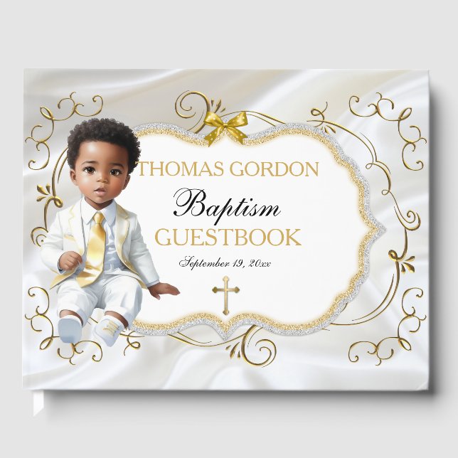 Baby Boy Taufe Christening White & Gold Cross Gästebuch (Vorderseite)