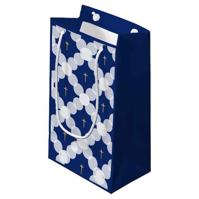 Baby Boy Taufe Dark Blue Gold Kreuz weiß Kleine Geschenktüte (Vorderseite Schrägansicht)