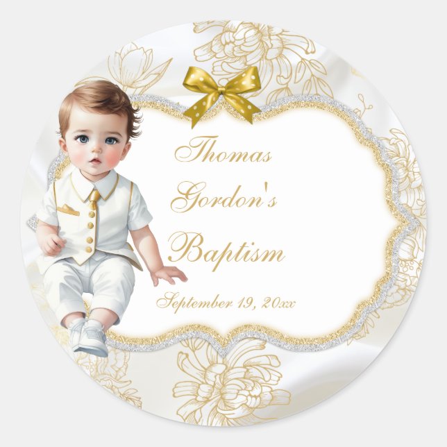 Baby Boy Taufe Kommunion White & Gold Runder Aufkleber (Vorderseite)
