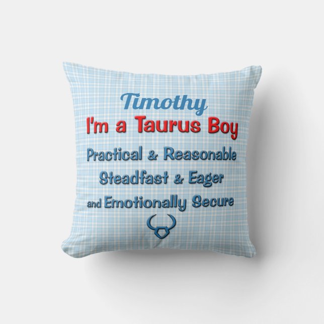 Baby Boy Taurus Zodiac Red und Blue Karos Kissen (Vorderseite)