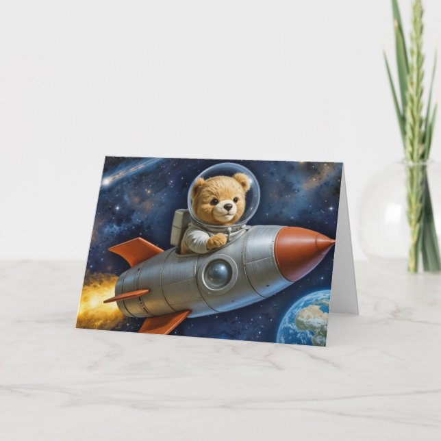 Baby Boy Teddy Bear in einer Rakete Karte (Vorderseite)