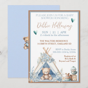 Baby Boy Teddy Bear in Teepee Baby Dusche Einladung