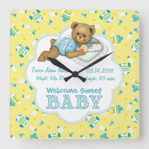 Baby Boy Teddy Bear Quadratische Wanduhr