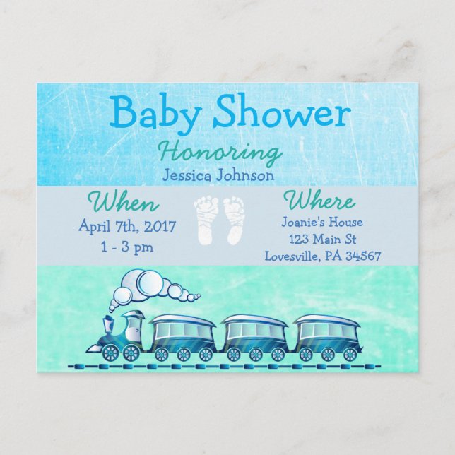 Baby Boy Train Blue Baby Dusche Einladung (Vorderseite)