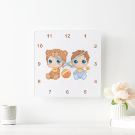 Baby Boy Twins Bear Jumpsuit 2 Quadratische Wanduhr