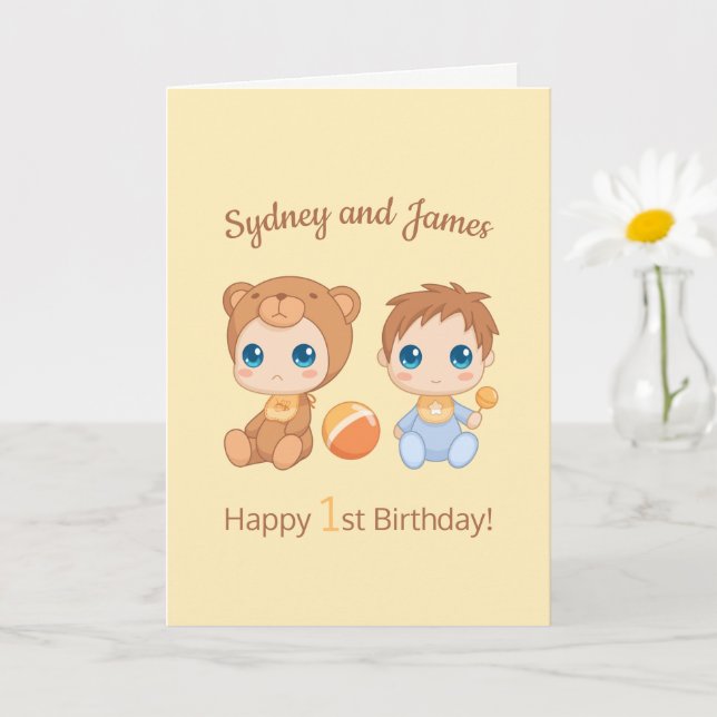 Baby Boy Twins Erster Geburtstag Gelbe Blank Karte (Kleine Pflanze)