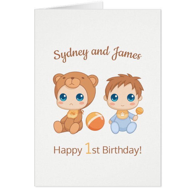 Baby Boy Twins First Birthday Names Card (Vorne)
