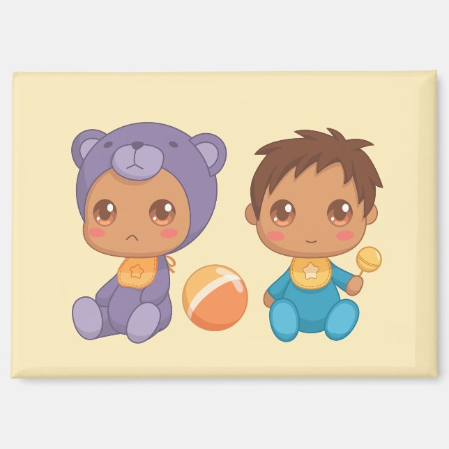 Baby Boy Twins Lila Bear Jumpsuit on Yellow Magn Magnet (Vorderseite)