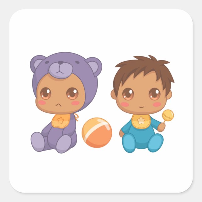 Baby Boy Twins Lila Bear Jumpsuit Square Sticker (Vorderseite)