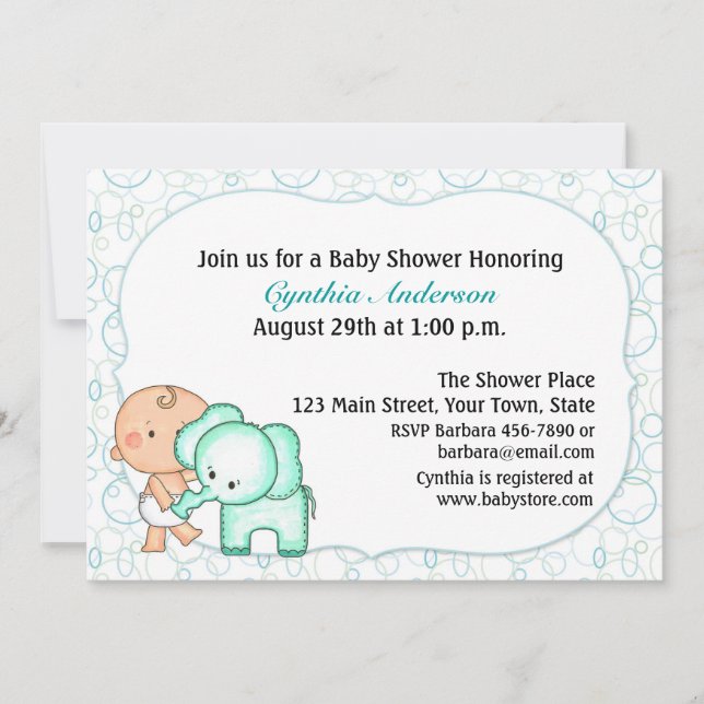 Baby Boy und Elephant Baby Dusche Einladung (Vorderseite)