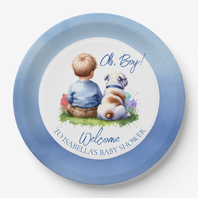 Baby Boy und seine Bulldog Babydusche Pappteller (Vorderseite)