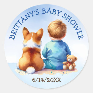 Baby Boy und seine Corgi Puppy Baby Dusche Runder Aufkleber