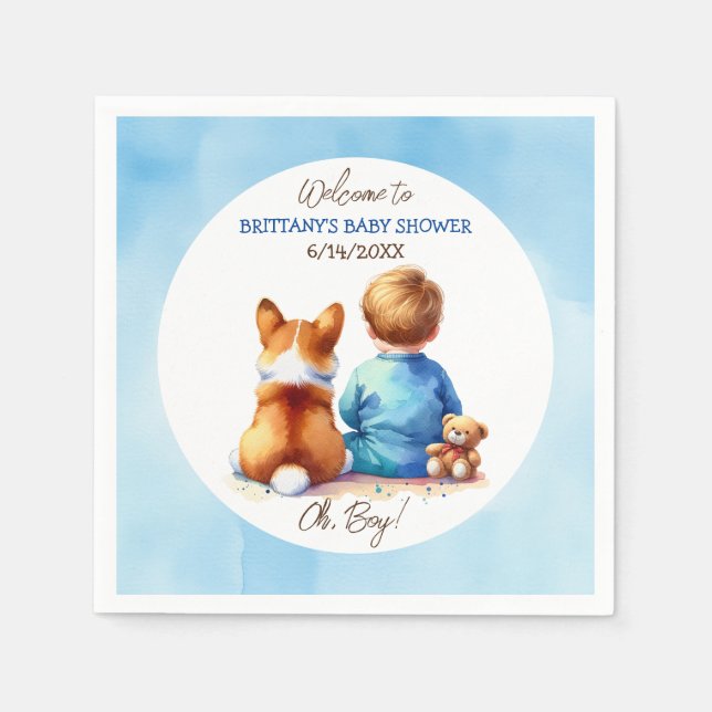 Baby Boy und seine Corgi Puppy Baby Dusche Serviette (Vorderseite)